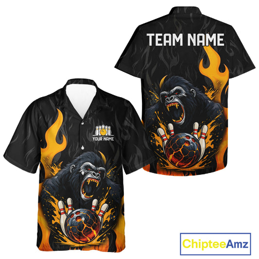 Black and Orange Flame Gorilla Bowling Hawaiian Shirt Custom Gorilla Team Bowling Jerseys NQS11279