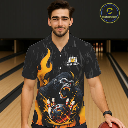 Black and Orange Flame Gorilla Bowling Hawaiian Shirt Custom Gorilla Team Bowling Jerseys NQS11279