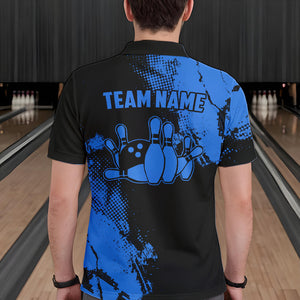 Black and Blue Retro Mens Bowling Polo, Quarter Zip shirts Custom team bowling jerseys mens outfit NQS9393