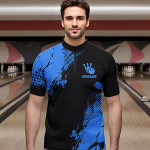 Black and Blue Retro Mens Bowling Polo, Quarter Zip shirts Custom team bowling jerseys mens outfit NQS9393