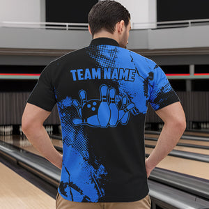 Black and Blue Retro Mens Bowling Polo, Quarter Zip shirts Custom team bowling jerseys mens outfit NQS9393
