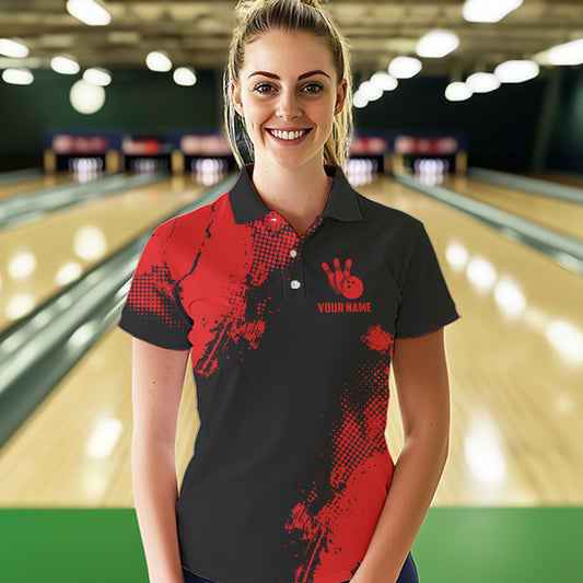Black and Red Retro Women Bowling Polo, Quarter Zip shirts Custom team bowling jerseys ladies outfit NQS9394