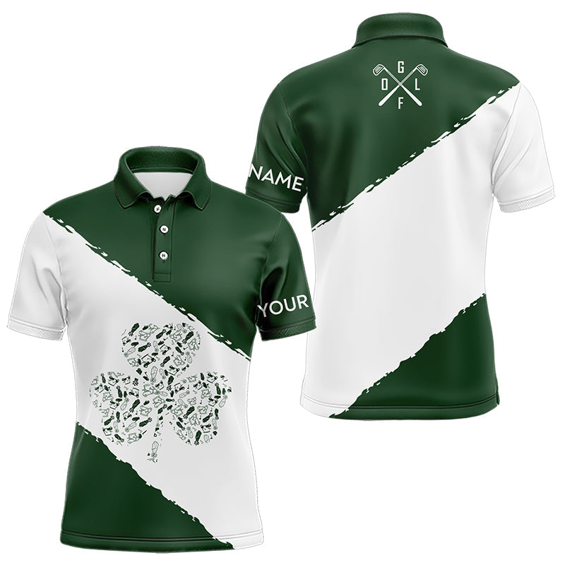 Green and White shamrock Men golf polo shirts Customize name St Patrick Day golf apparel for men NQS9397