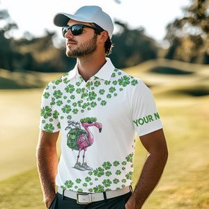 Funny Flamingo Green clover pattern White golf polo shirt for Men Custom St Patrick Day golf apparel NQS9399