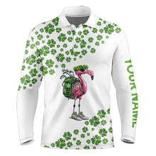 Load image into Gallery viewer, Funny Flamingo Green clover pattern White golf polo shirt for Men Custom St Patrick Day golf apparel NQS9399