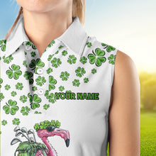 Load image into Gallery viewer, Funny Flamingo Green clover pattern White sleeveless golf polos Custom St Patrick Day golf apparel NQS9399