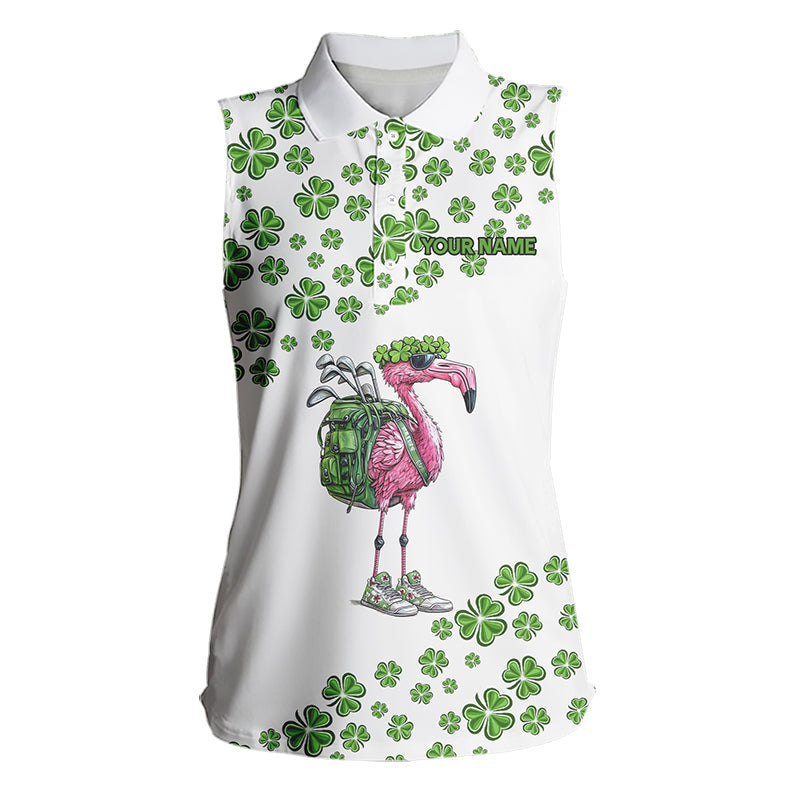 Funny Flamingo Green clover pattern White sleeveless golf polos Custom St Patrick Day golf apparel NQS9399