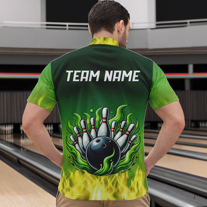 Personalized Yellow Green Flame Bowling Polo, Quarter Zip Shirts For Men Custom Team Bowling Jersey NQS9559