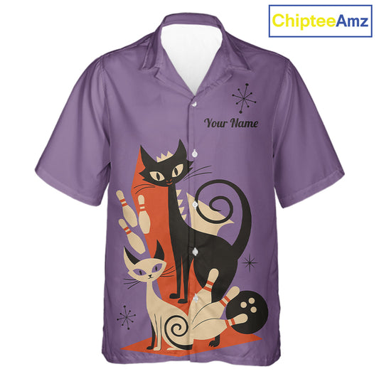 Custom retro bowling Hawaiian shirts Cat Bowling jersey Team Bowling button up Shirt | Purple NQS11668