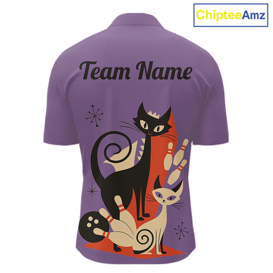 Custom retro bowling shirts Cat Bowling jersey for men Team Bowling Polo, 1/4 Zip Shirts | Purple NQS11668