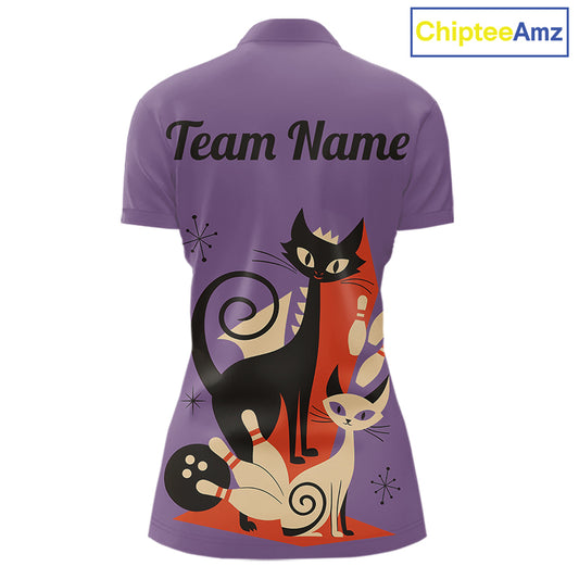 Custom retro bowling shirts Cats Bowling jersey for Women Team Bowling Polo, 1/4 Zip Shirts | Purple NQS11668