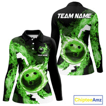 Load image into Gallery viewer, Green Flame Fire Bowling Shirts for Women Custom Bowling Team Jersey Bowling Polo &amp; Quarter-Zip Shirts NQS11752
