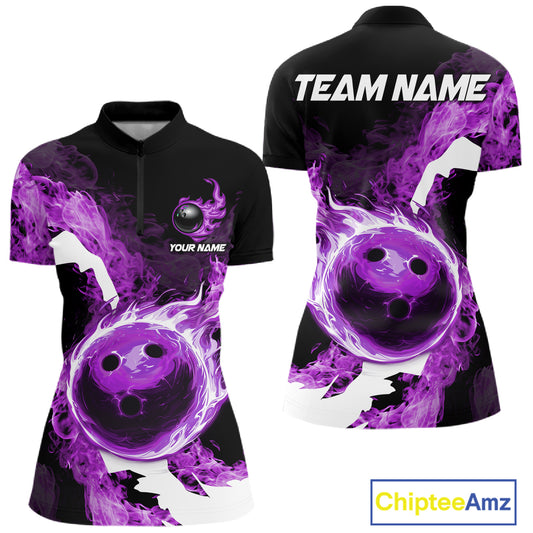 Purple Flame Fire Bowling Shirts for Women Custom Bowling Team Jersey Bowling Polo & 1/4-Zip Shirts NQS11753