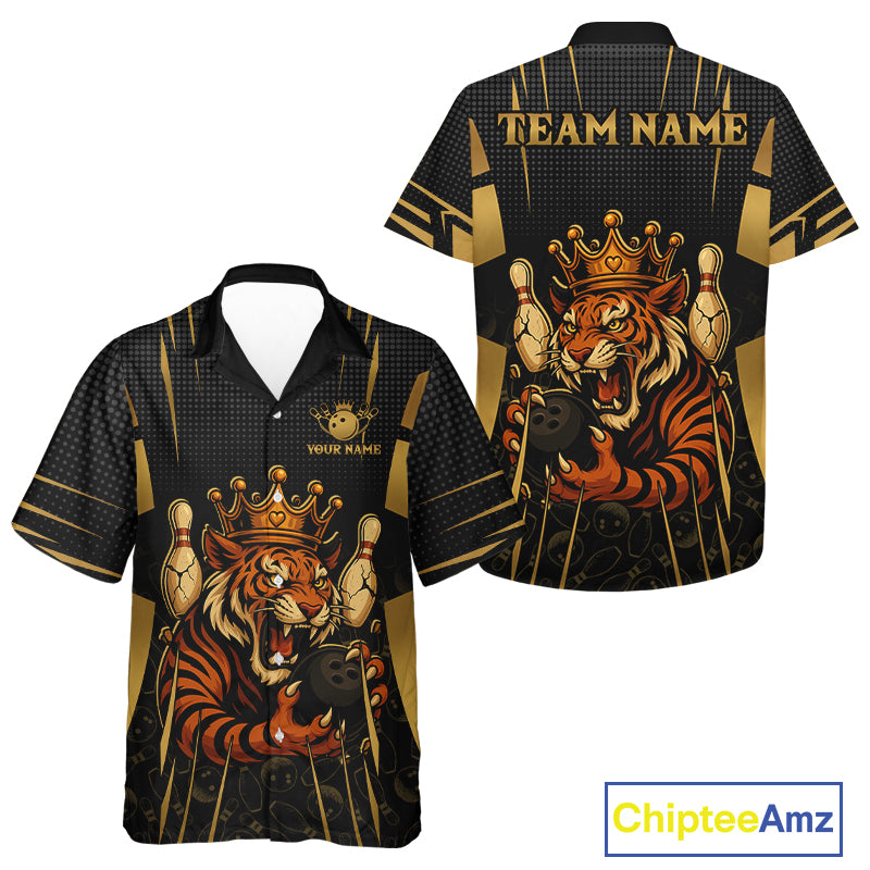 Personalized Black and Gold Tiger Bowling Hawaiian Shirt Custom Team bowling jersey, gift for Bowler NQS10474