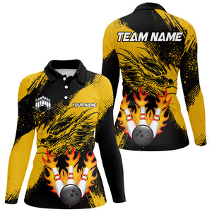 Black And Gold Custom Flame Dragon Bowling Shirts For Women, Dragon Retro Bowling Team Shirts NQS8505