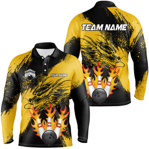 Black And Gold Custom Flame Dragon Bowling Shirts For Men, Dragon Retro Bowling Team Shirts NQS8505