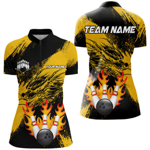 Black And Gold Custom Flame Dragon Bowling Shirts For Women, Dragon Retro Bowling Team Shirts NQS8505