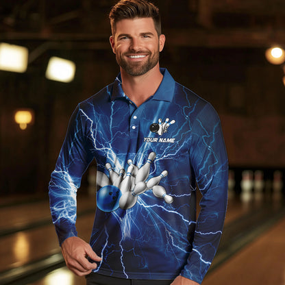 Mens polo bowling shirts Custom blue lightning thunder Bowling Team Jersey, gift for team Bowlers NQS6638