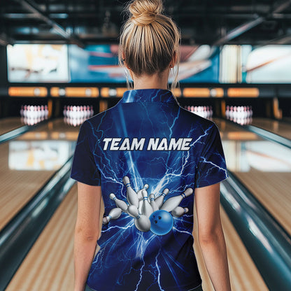 Womens bowling Quarter Zip shirts Custom blue lightning thunder Bowling Team Jersey, gift for Bowlers NQS6638