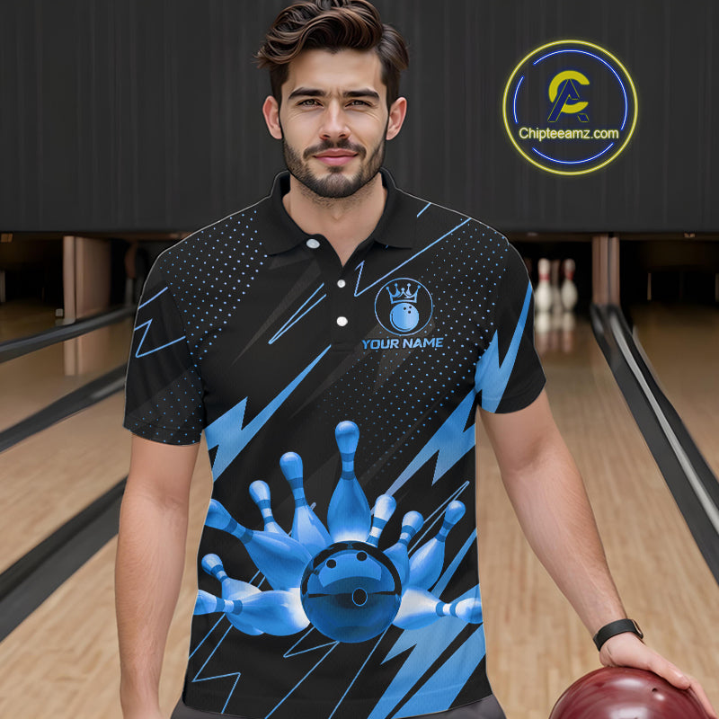 Custom Black and Blue Bowling Polo, Quarter Zip Shirts for Men, Team Bowling League Jersey NQS10892