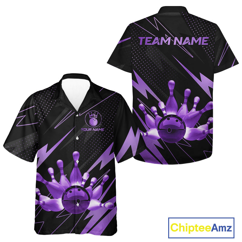 Custom Black and Purple Bowling Hawaiian shirts, Team Bowling League Button up shirt NQS10894