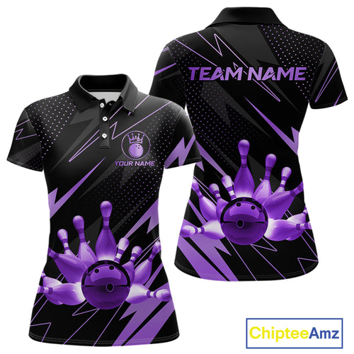 Custom Black and Purple Bowling Polo, Quarter Zip Shirts for Women, Team Bowling League Jersey NQS10894