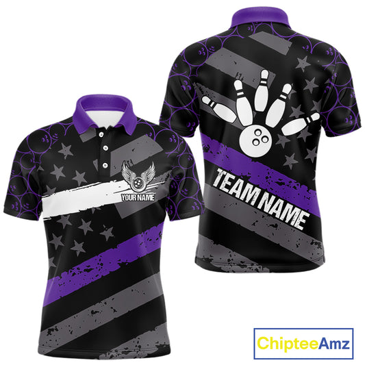 Black American flag Men bowling shirts Custom bowling camo Team Jerseys, gift for Bowlers | Purple NQS10897