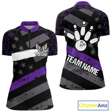 Load image into Gallery viewer, Black American flag Women bowling shirts Custom bowling camo Team Jerseys, gift for Bowlers | Purple NQS10897