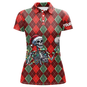 Funny Skull Christmas argyle plaid pattern Women golf polo shirt custom Christmas ladies golf outfits NQS8975