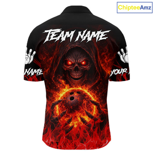 Black And Red Flame Skull Reaper Men's Bowling Shirts, Personalized bowling outfit men bowling jersey NQS11491