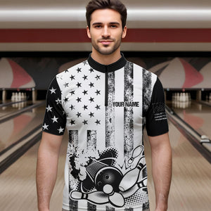 Personalized Black and White American Flag Retro Bowling shirts for Men, Patriotic Bowling Team Jersey NQS9567