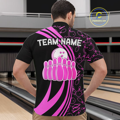 Black Mens bowling shirts Custom Pink neon team league bowling jerseys, gifts for bowlers NQS9984
