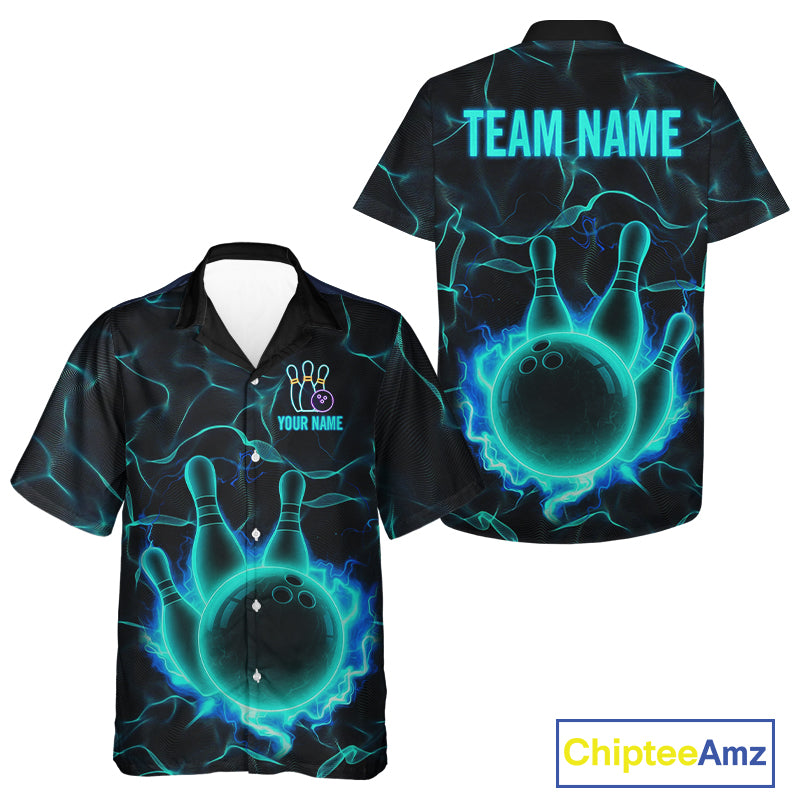 Cyan Blue Flame Bowling Hawaiian shirt custom bowling team button up shirt Bowler Outfits NQS10153