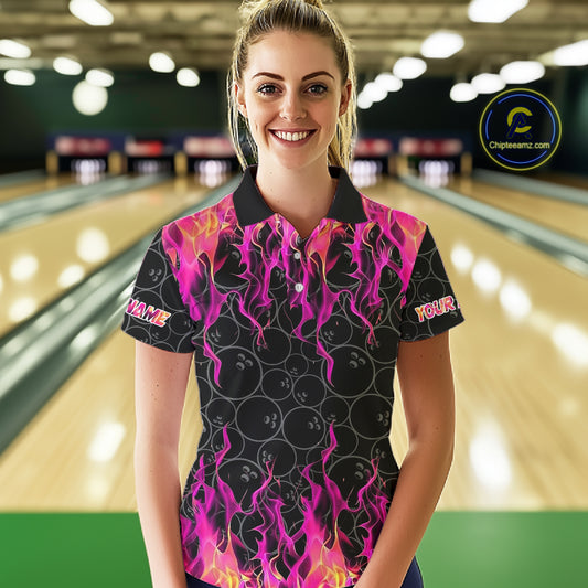 Black and Pink Flame camo Womens bowling shirts Custom Flame Bowling Shirt Team Bowling Jersey NQS8304