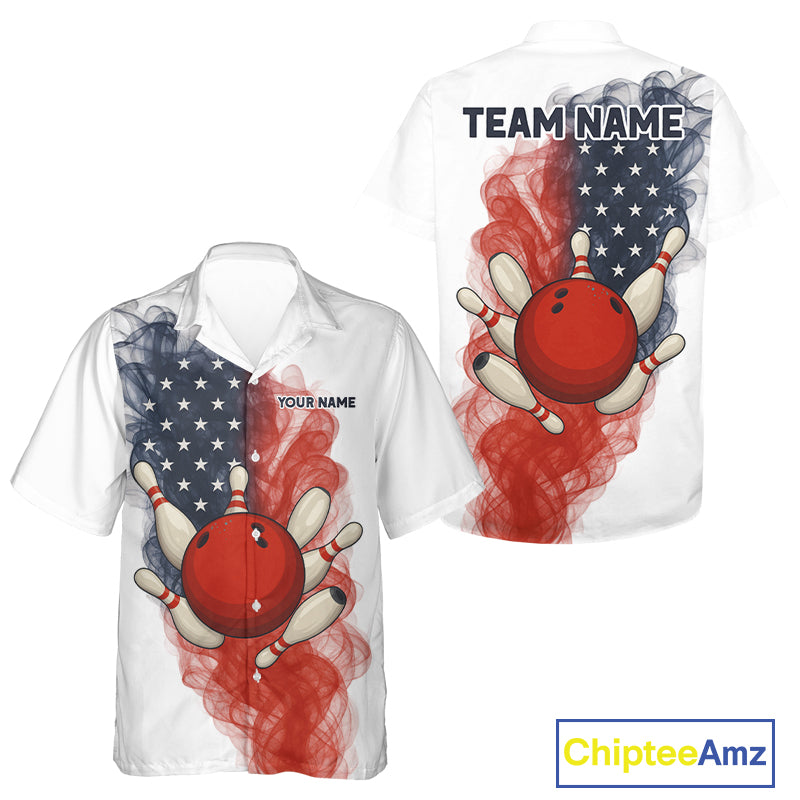 Custom Smoke American Flag White Bowling Hawaiian Shirt Personalized Patriotic Team Bowling Jerseys NQS10495