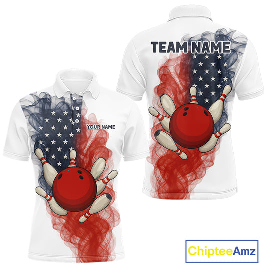 Custom Smoke American Flag White Bowling Shirts for Men Personalized Patriotic Team Bowling Jerseys NQS10495