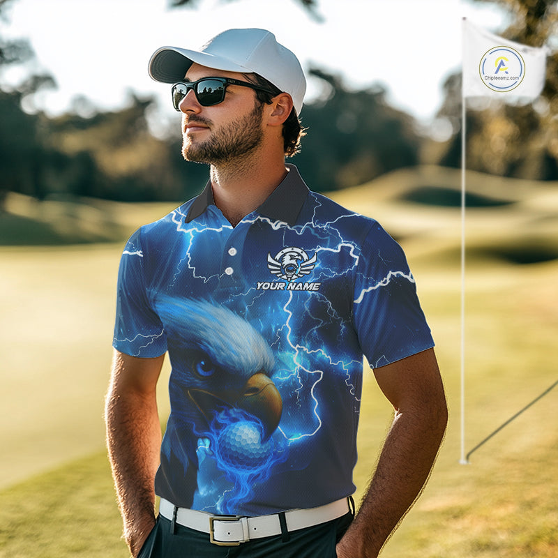 Blue Lightning Thunder Eagle Golf Polo Shirts For Men custom mens golf top, team golf shirts NQS10906