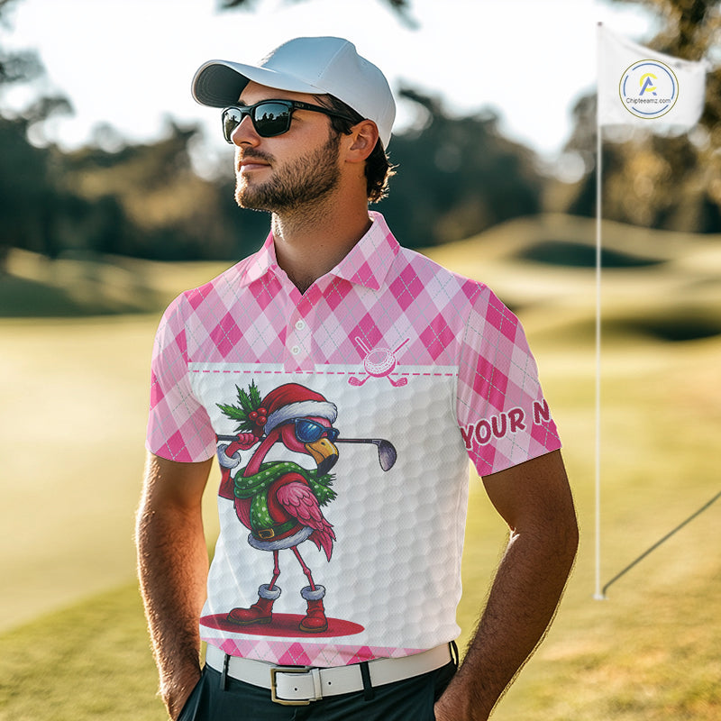 Funny Christmas Flamingo Mens golf polo shirt custom pink argyle pattern white golf apparel NQS11087