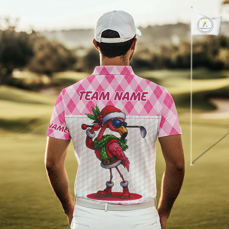 Funny Christmas Flamingo Mens golf polo shirt custom pink argyle pattern white golf apparel NQS11087
