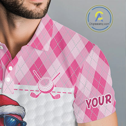 Funny Christmas Flamingo Mens golf polo shirt custom pink argyle pattern white golf apparel NQS11087