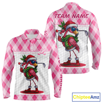 Funny Christmas Flamingo Mens golf polo shirt custom pink argyle pattern white golf apparel NQS11087