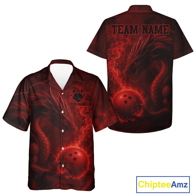 Red Flame Dragon Hawaiian Bowling Jersey Custom Name Team Bowling Button-up League shirt NQS11092