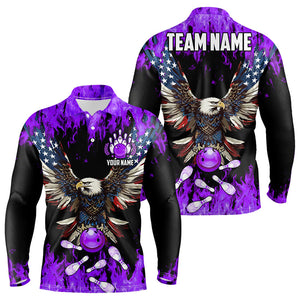 Purple flame Mens bowling shirts Custom American flag Eagle Team bowling shirts, gift for bowlers NQS9215