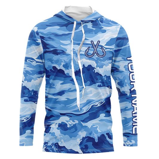 Blue Sea Wave Camo Fish hook custom name long sleeve fishing shirt, camo fishing jerseys NQS9220