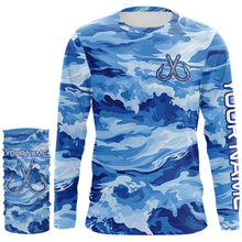 Load image into Gallery viewer, Blue Sea Wave Camo Fish hook custom name long sleeve fishing shirt, camo fishing jerseys NQS9220