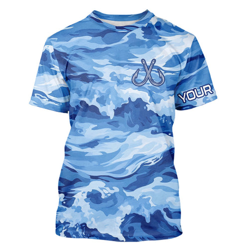 Blue Sea Wave Camo Fish hook custom name long sleeve fishing shirt, camo fishing jerseys NQS9220