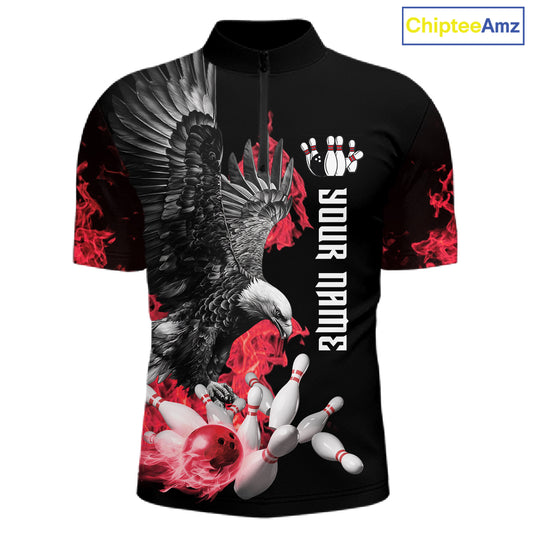 Custom Red Flame Black Eagle Bowling Polo, Quarter Zip Shirt For Men, Team Bowling Clothes NQS11500