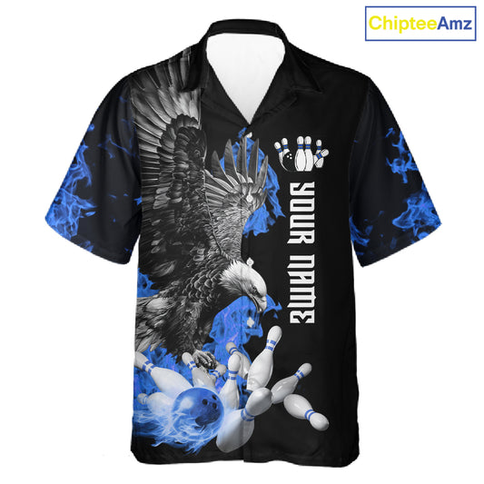 Custom Blue Flame Black Eagle Bowling Hawaiian Shirt, Team Bowling Button up Clothes NQS11501