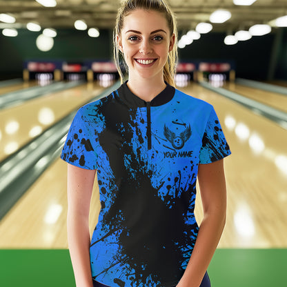 Black and Blue Womens Bowling Polo, Quarter Zip Shirts Custom Bowling Team League Jerseys NQS9571