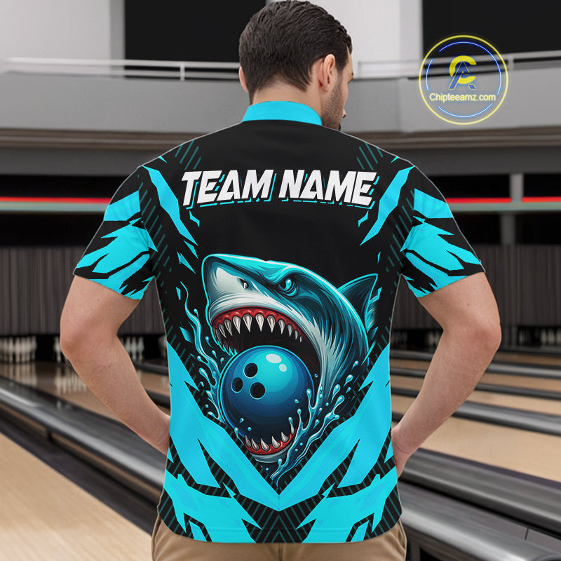 Black and Blue Mens bowling shirts Custom Blue Shark bowling team  jerseys, gifts for bowlers NQS9991